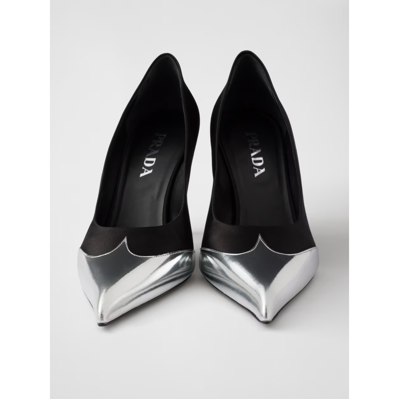 Prada Black Satin And Metallic Silver Leather Pumps