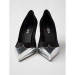 Prada Black Satin And Metallic Silver Leather Pumps