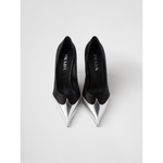 Prada Black Satin And Metallic Silver Leather Pumps