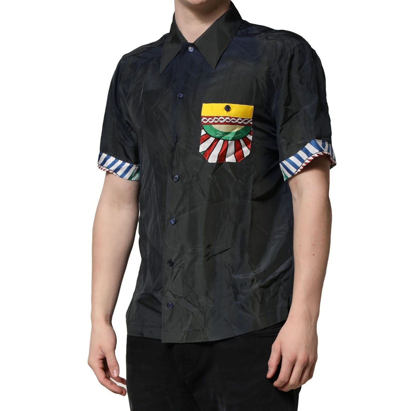 Dolce & Gabbana Black Silk Short Sleeves Men Casual Shirt