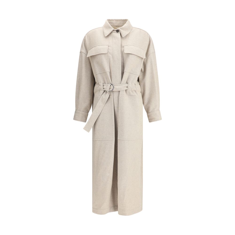 Brunello Cucinelli Beige Wool Coat with adjustable waistband and flap pockets, showcasing timeless elegance and sophisticated style.