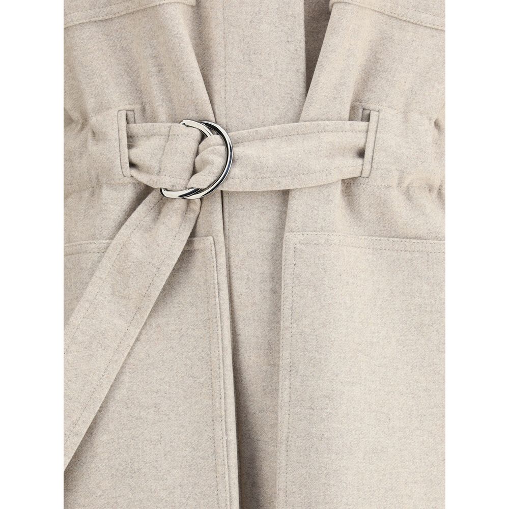 Close-up of Brunello Cucinelli Beige Wool Coat showcasing adjustable waistband and patch pockets.