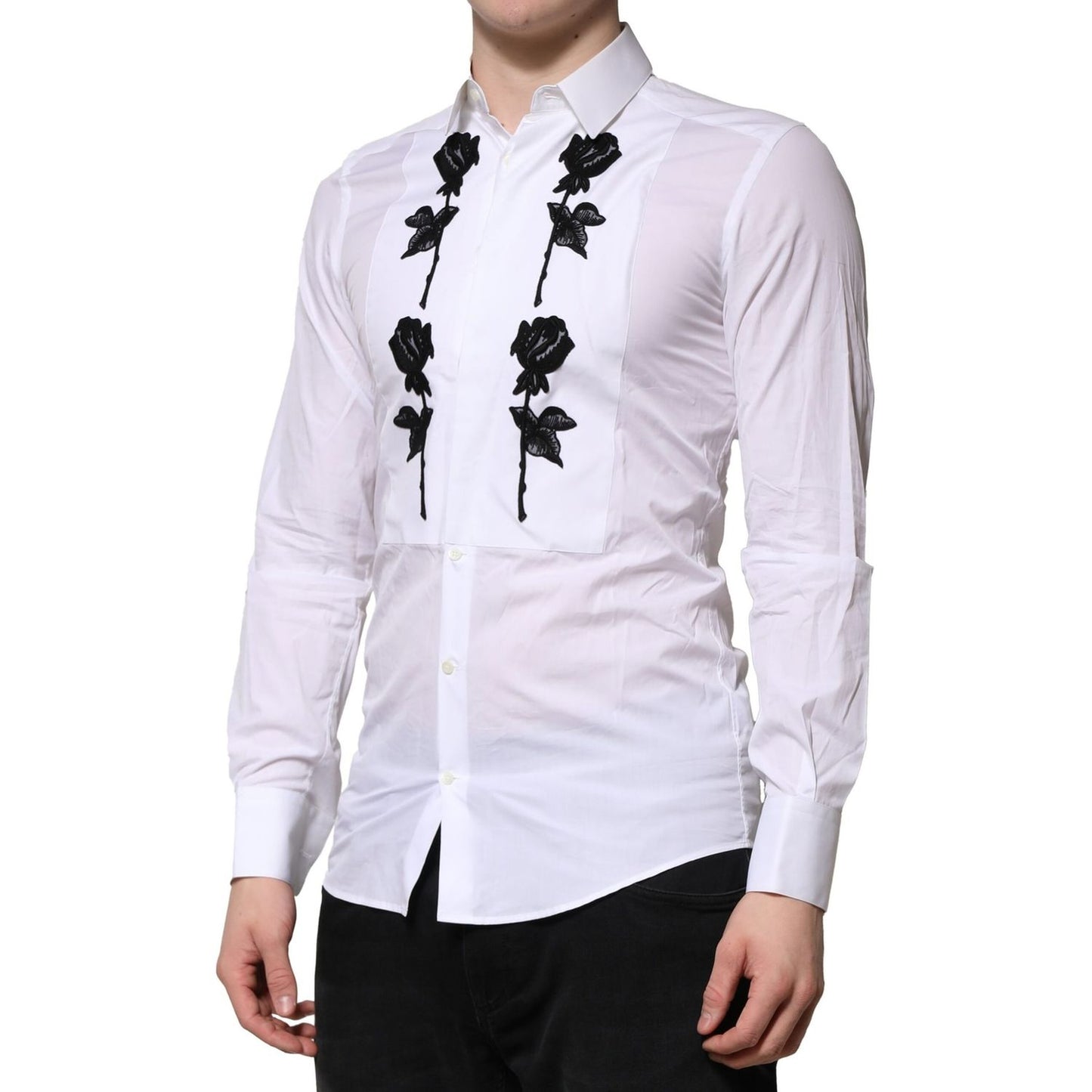 Dolce & Gabbana White Floral Embroidery Men GOLD Formal Shirt
