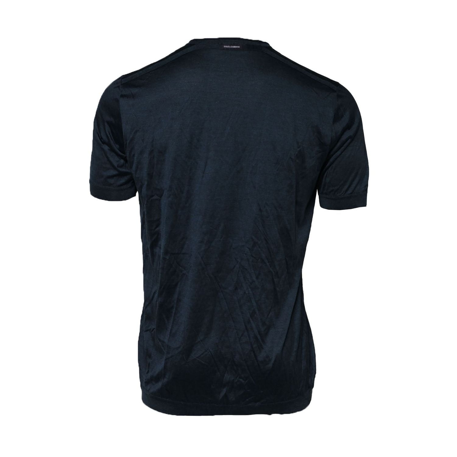 Dolce & Gabbana Dark Blue Silk Logo Patch Crew Neck T-shirt