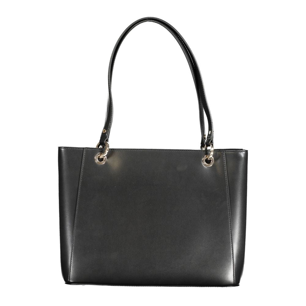 Alt Tag: Guess Jeans Black Polyethylene Handbag with dual shoulder handles, two compartments, internal pocket, and logo detailing.