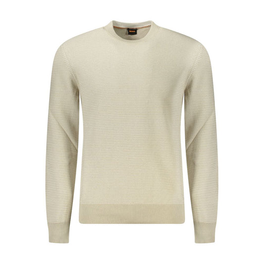 Hugo Boss Beige Cotton Men Sweater with long sleeves and crew neck, featuring chic details and crafted from a cotton-kapok blend.