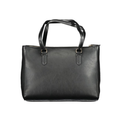 Mario Valentino Black Polyethylene Women Handbag with logo and zip closure, designed for elegance and organization.
