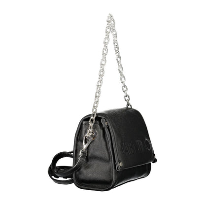 Alt Tag: Mario Valentino Black Polyethylene Handbag with chain shoulder strap, adjustable removable straps, internal pockets, recycled material.