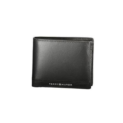Tommy Hilfiger Black Leather Men Wallet with compartments and coin purse, featuring contrasting details and logo for style and function.