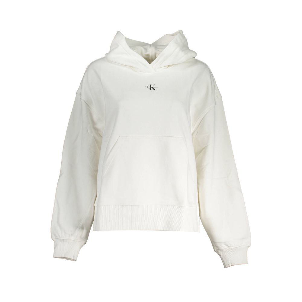 Calvin Klein White Cotton Women Sweater with hood and central pocket, featuring sustainable 100% recycled cotton and a branded print.