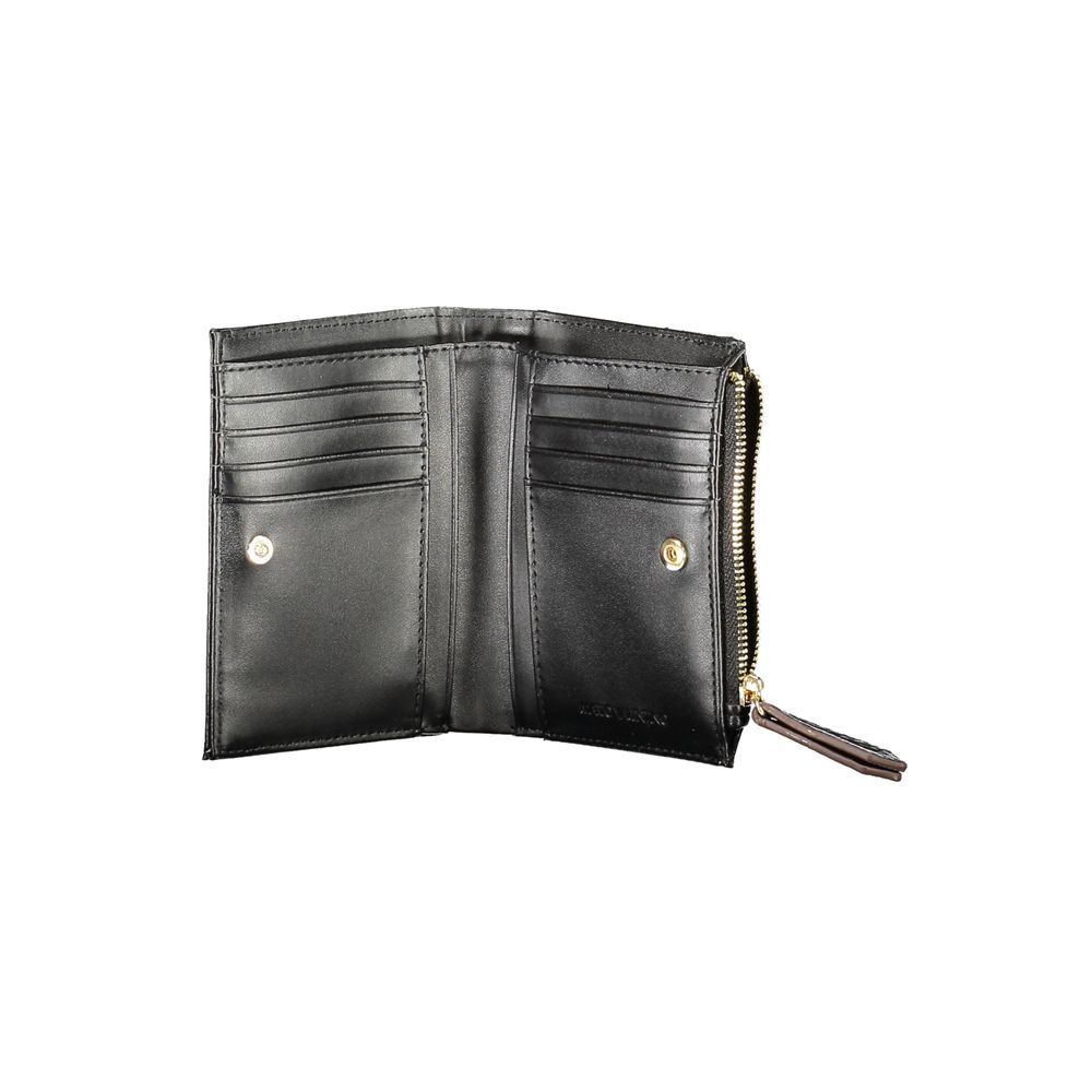Interior of Mario Valentino Black Polyethylene Women Wallet showing card slots and zippered coin purse. Durable design with logo accents.