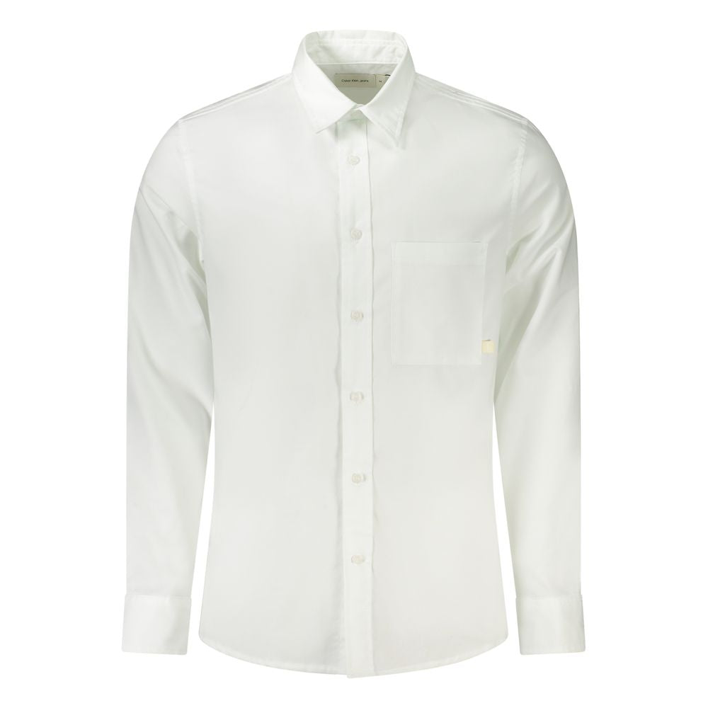 Calvin Klein White Cotton Men Shirt with Italian collar and 1-button cuffs, perfect for office to evening transition.