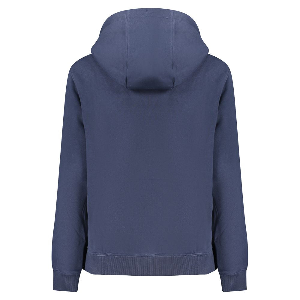 Back view of Tommy Hilfiger Blue Cotton Women Sweater with hood, showcasing sustainable fashion in a bold blue hue.