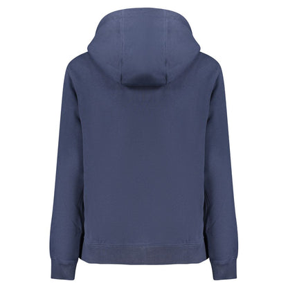 Back view of Tommy Hilfiger Blue Cotton Women Sweater with hood, showcasing sustainable fashion in a bold blue hue.