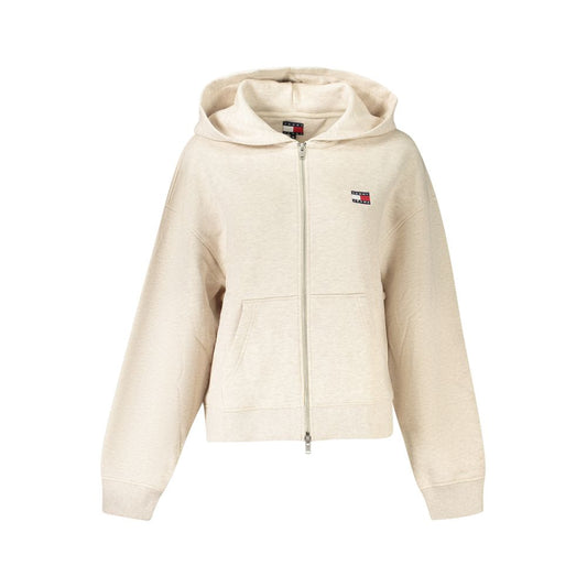 Tommy Hilfiger Beige Cotton Women Sweater with zip-up hooded design and embroidered logo, showcasing classic American style.