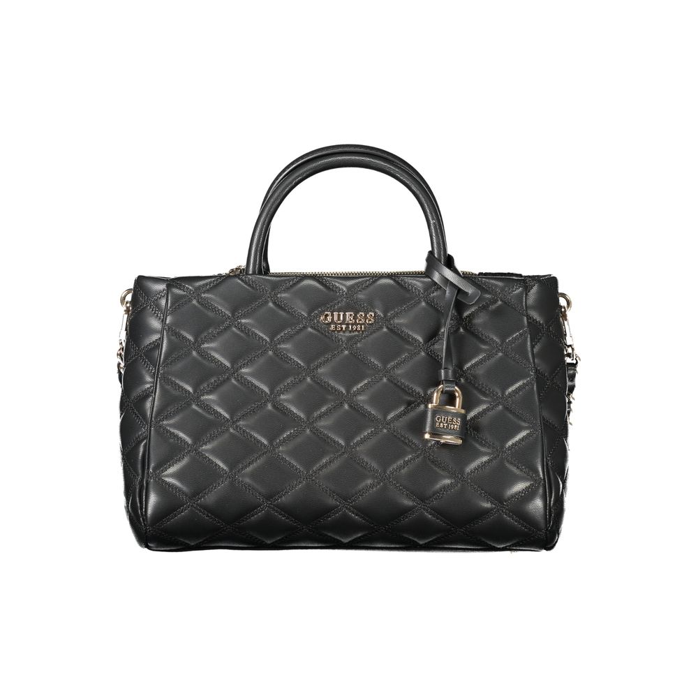 Guess Jeans Black Polyethylene Women Handbag with quilted design and padlock detail.