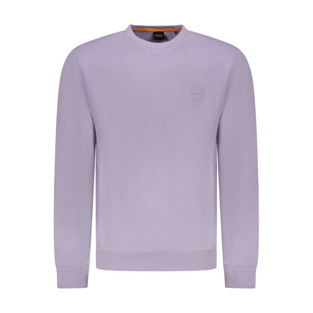 Hugo Boss Purple Cotton Men Sweater with crew neck, featuring logo embroidery and long sleeves, made for style and comfort.