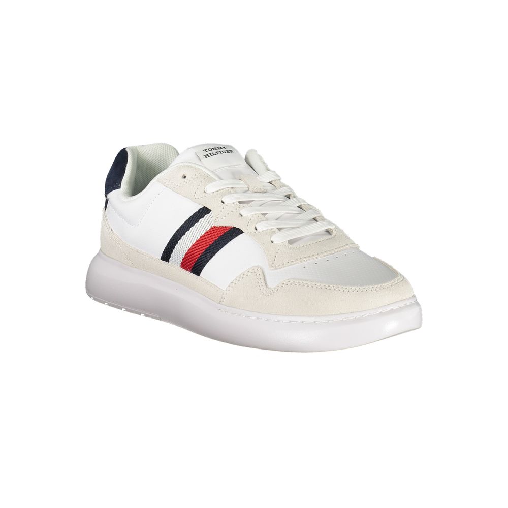 Tommy Hilfiger White Leather Men Sneaker with embroidered logo and contrasting details for stylish comfort