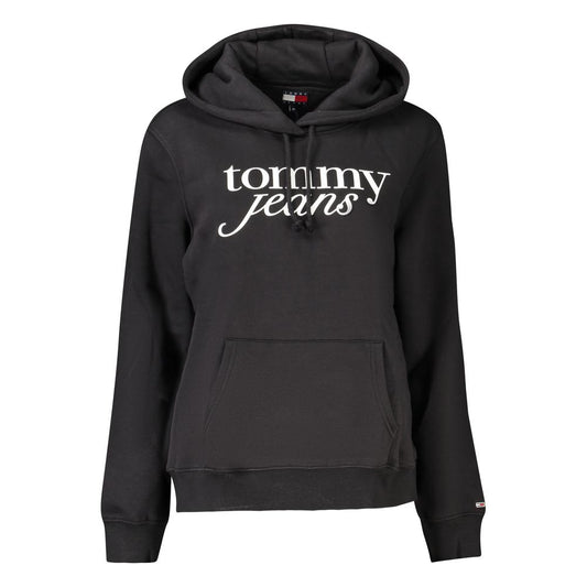 Tommy Hilfiger Black Cotton Women Sweater with logo and central pocket, long sleeve hooded sweatshirt for comfort and style