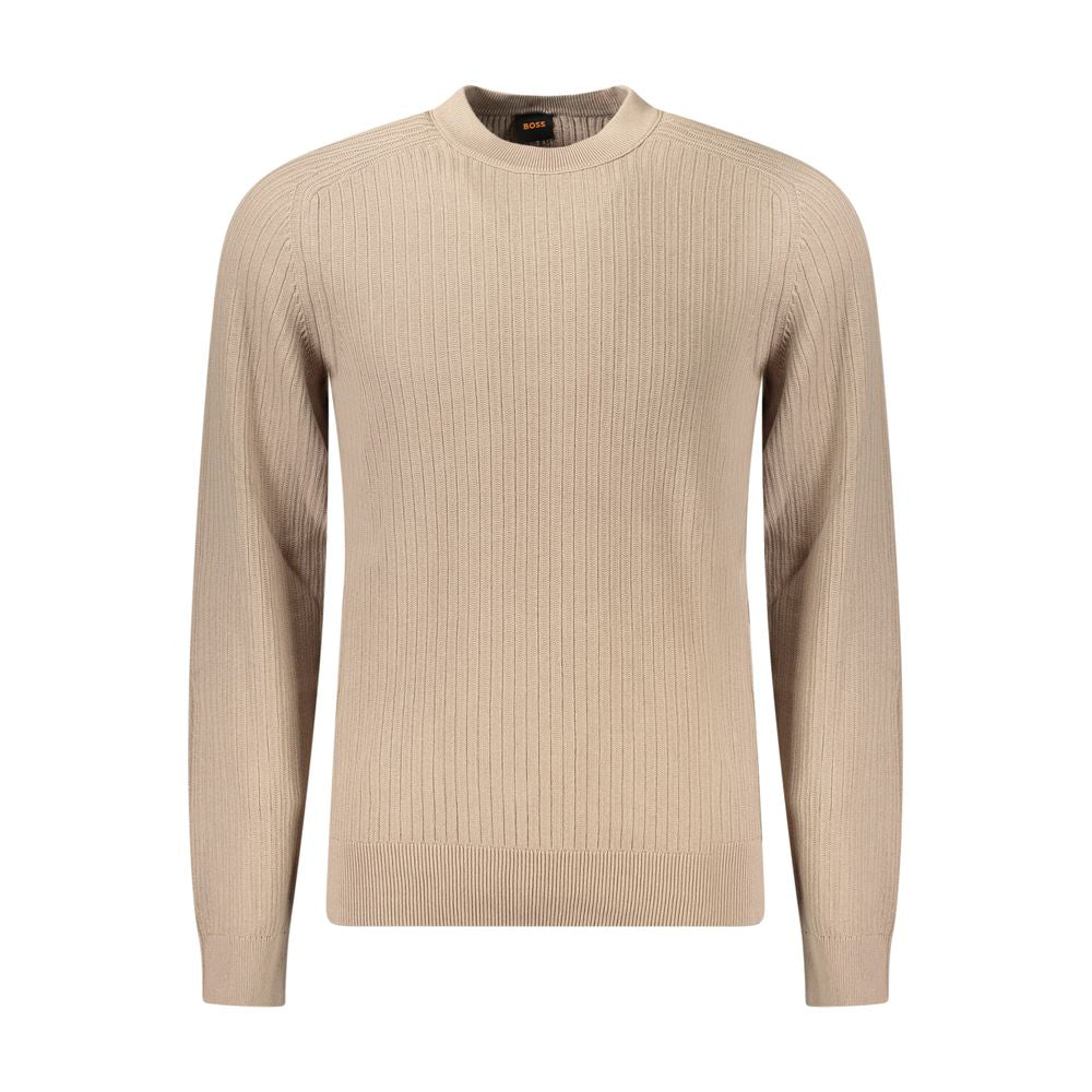 Hugo Boss Beige Cotton Men Sweater with long sleeves and crew neck design, showcasing refined detailing and subtle luxury logo.