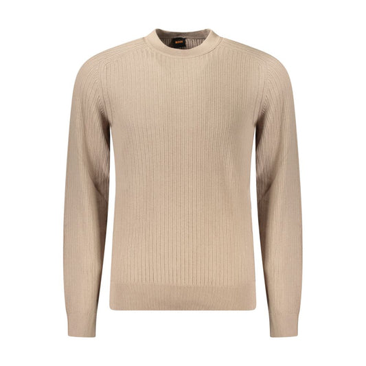 Hugo Boss Beige Cotton Men Sweater with long sleeves and crew neck design, showcasing refined detailing and subtle luxury logo.