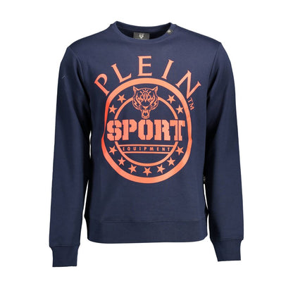 Plein Sport Blue Cotton Men Sweater with bold graphic print and logo on front, long sleeve design for stylish sportswear.