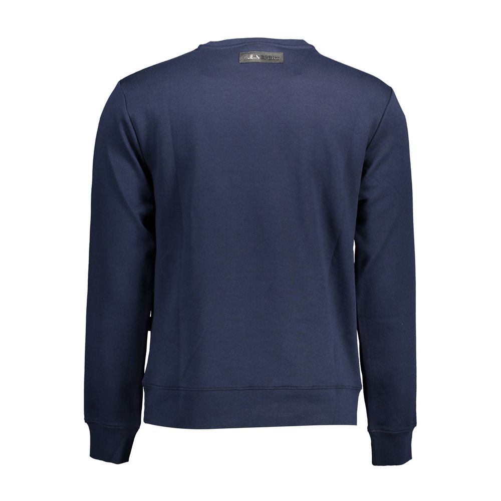 Rear view of Plein Sport Blue Cotton Men Sweater featuring long sleeves and premium fabric blend for comfort and style.