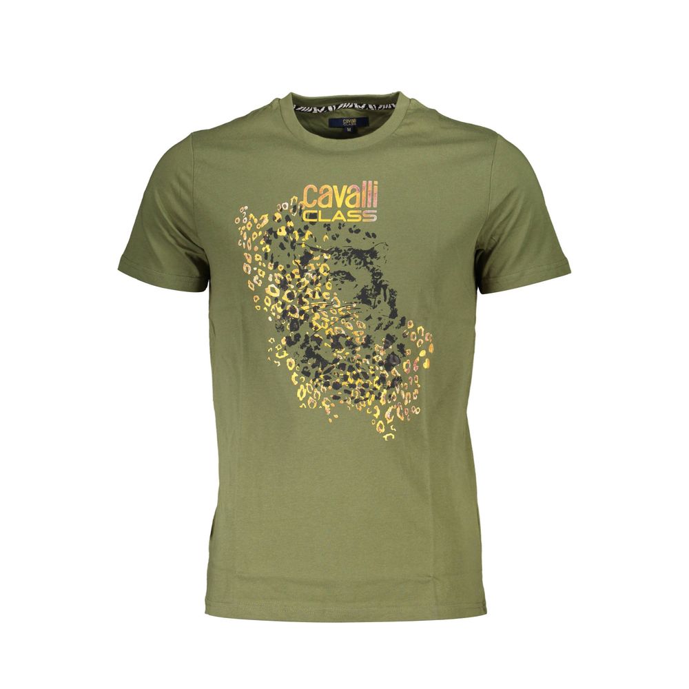 Cavalli Class Green Cotton Men T-Shirt with iconic logo print, short sleeves, and crew neck, showcasing luxury fashion style.