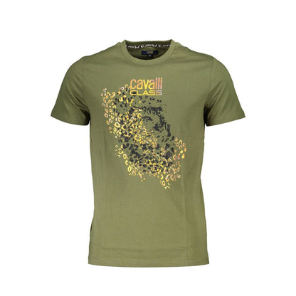 Cavalli Class Green Cotton Men T-Shirt with iconic logo print, short sleeves, and crew neck, showcasing luxury fashion style.