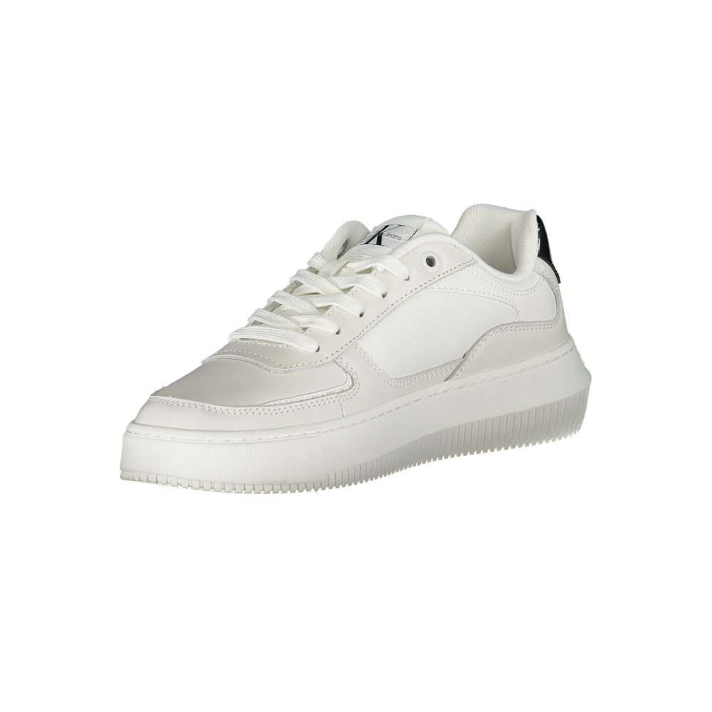 Calvin Klein Sleek White Lace-Up Sneakers with Contrast Details showcasing style and sustainability with recycled materials.