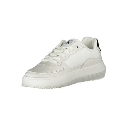 Calvin Klein Sleek White Lace-Up Sneakers with Contrast Details showcasing style and sustainability with recycled materials.