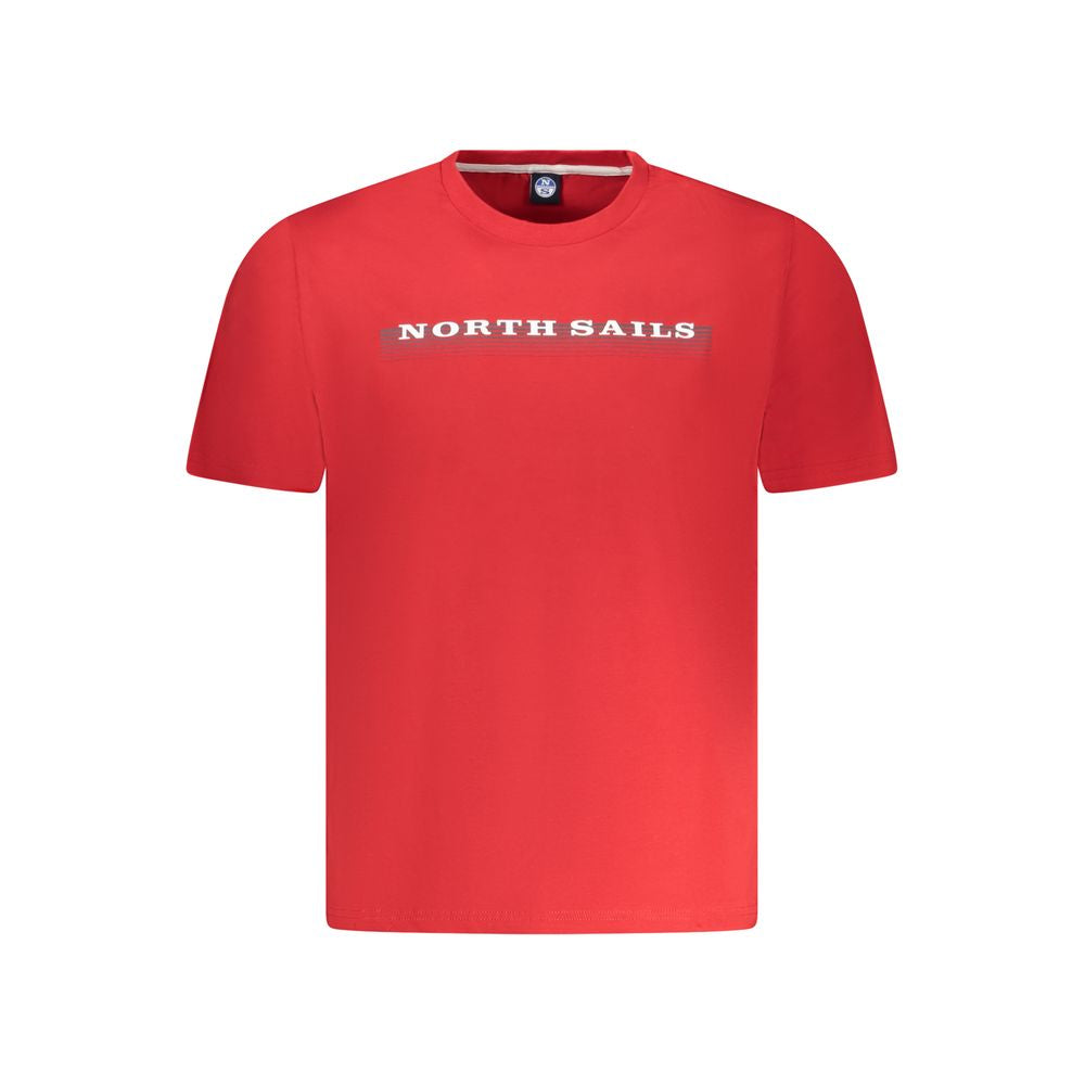 North Sails "Red Cotton Men T-Shirt" with bold logo and crew neck, made from 100% cotton, showcasing trendy nautical style.