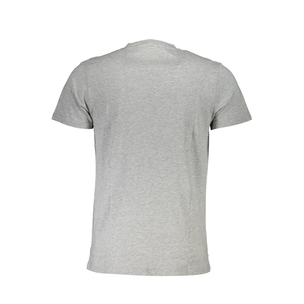 Back view of a grey short-sleeved t-shirt, likely resembling the Cavalli Class Brown Cotton Men T-Shirt.