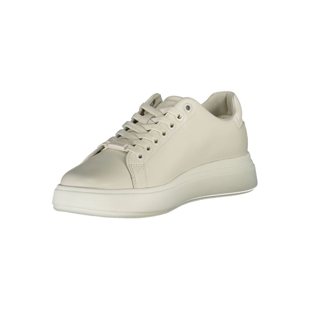 Calvin Klein Beige Leather Women Sneaker with logo, showcasing style and comfort in beige leather and polyester blend.