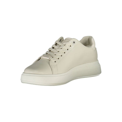 Calvin Klein Beige Leather Women Sneaker with logo, showcasing style and comfort in beige leather and polyester blend.