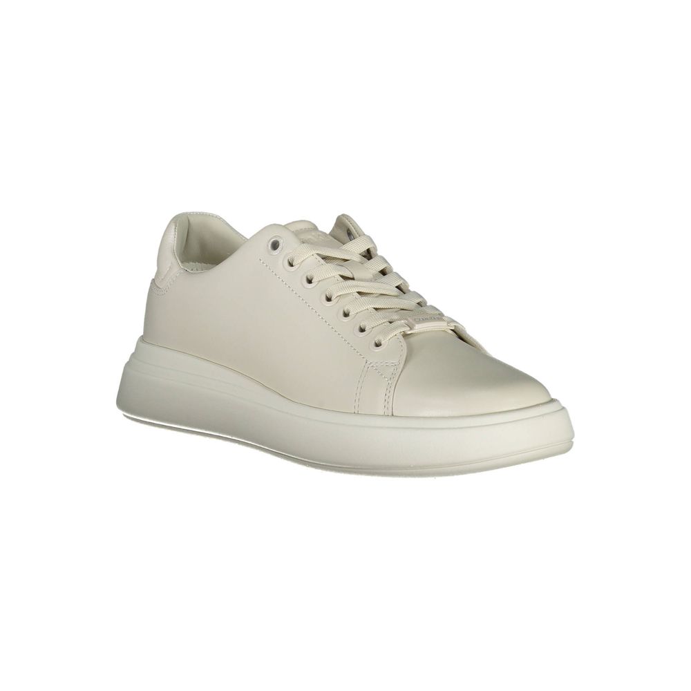 Calvin Klein Beige Leather Women Sneaker with iconic logo, contrasting accents, blending polyester and leather for luxury and fashion-forward style.