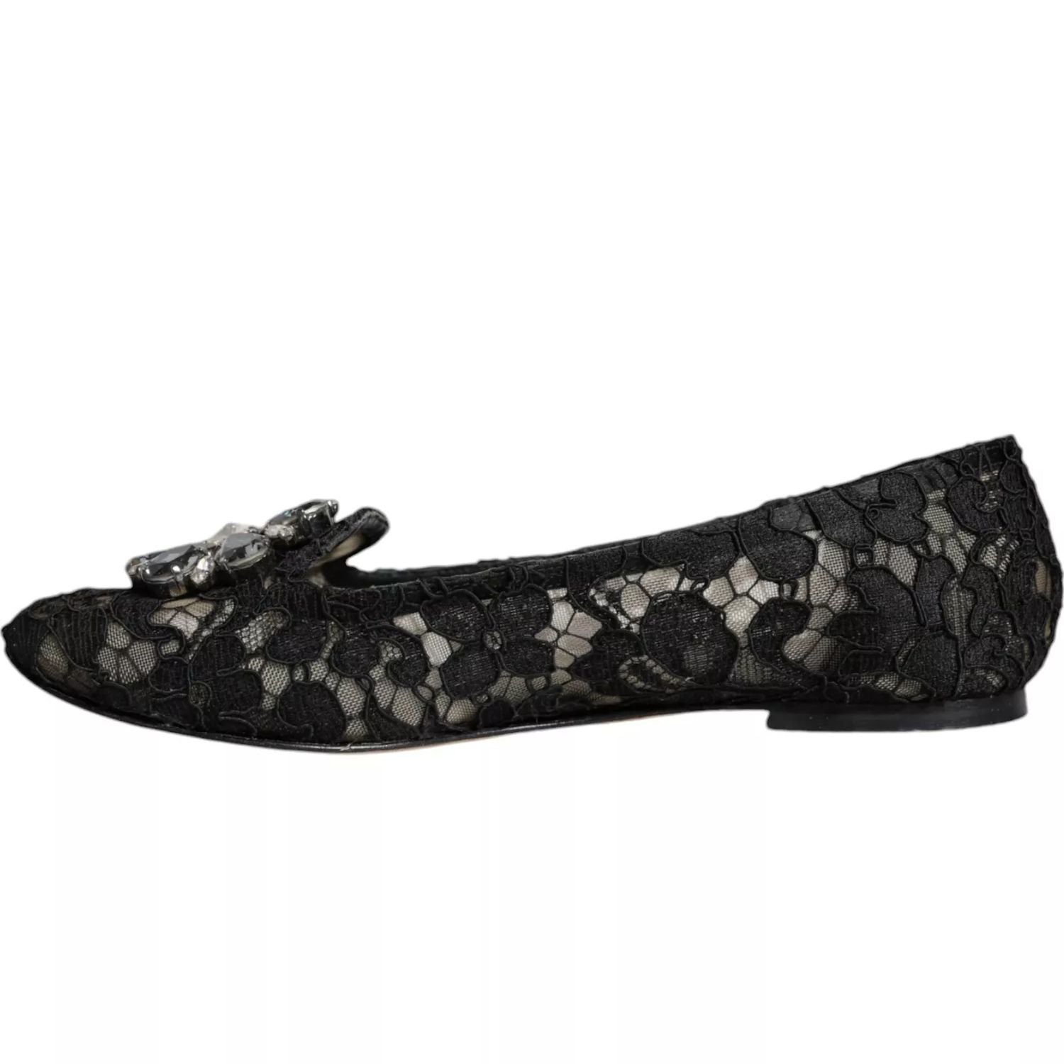 Dolce & Gabbana Black Lace Crystal Ballet Flats Loafer Shoes