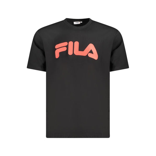 Fila Black Cotton Men T-Shirt with red logo on black, premium 100% cotton, urban style tee, loose fit for casual wear.