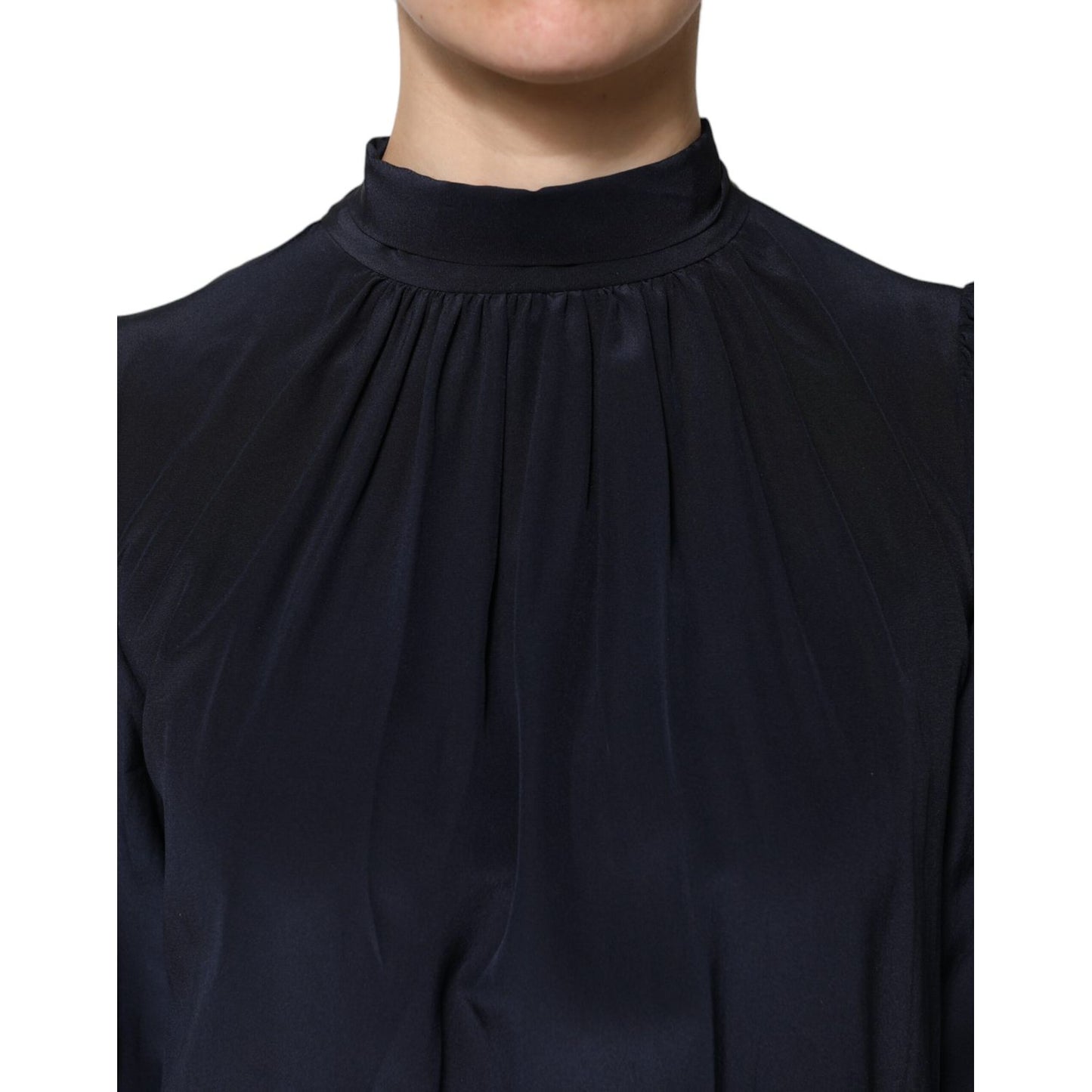 Dolce & Gabbana Blue Silk Mock Neck Long Sleeves Blouse Top