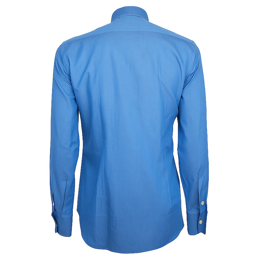 Made in Italy Blue Cotton Men's Shirt - back view of Loro Piana long sleeve shirt showcasing Italian craftsmanship and rich blue hue.