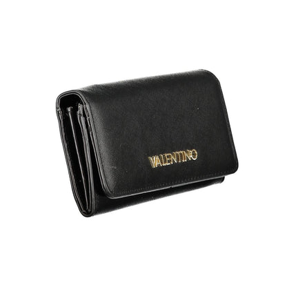 Mario Valentino Black Polyethylene Wallet with 3 compartments, coin purse, card spaces, zip, and automatic closure.