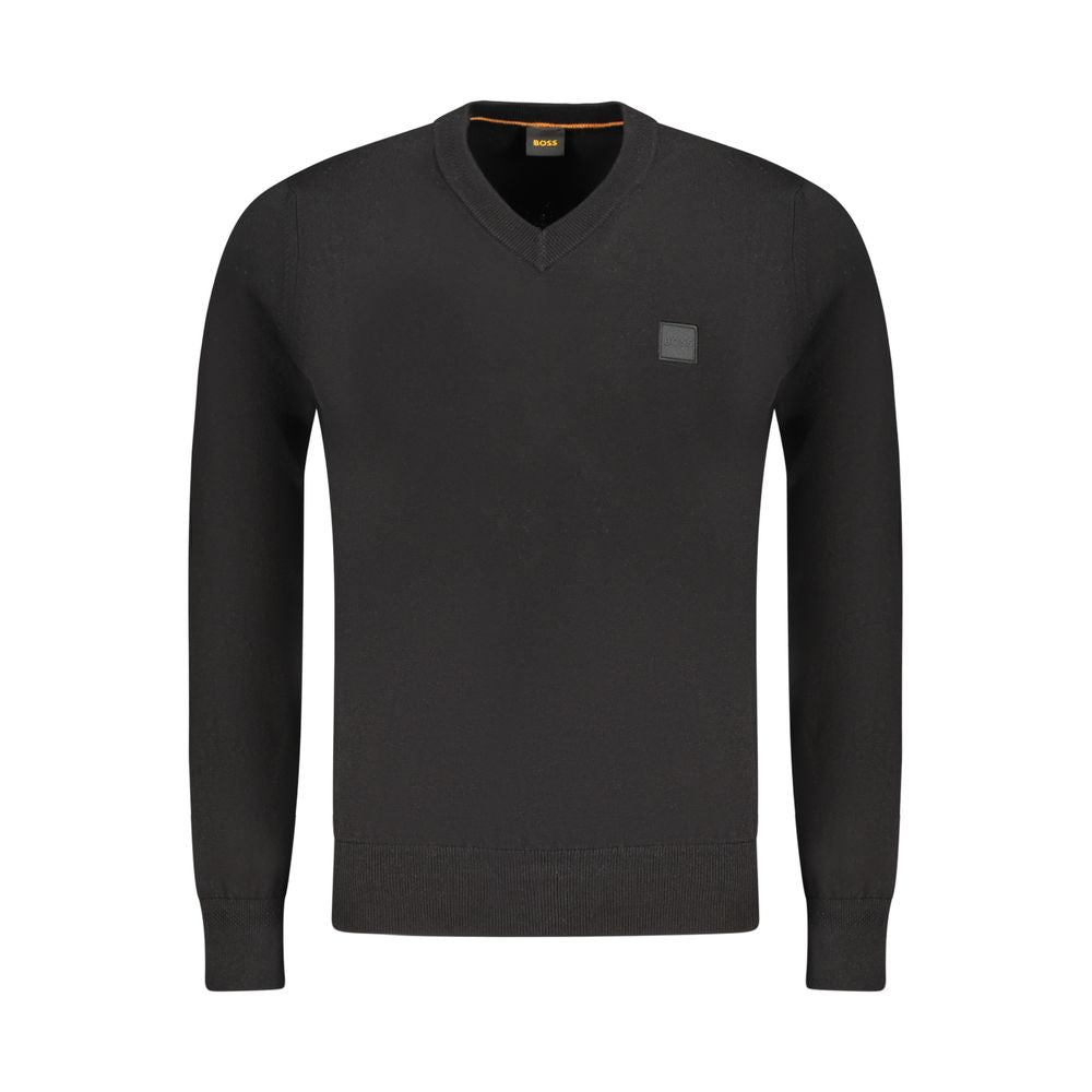 Hugo Boss Black Cotton Sweater with V-neck, long sleeves, and logo applique