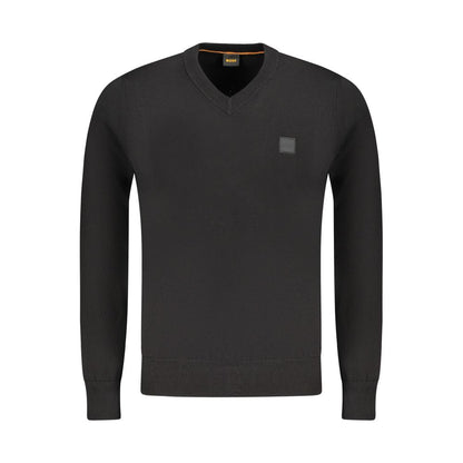Hugo Boss Black Cotton Sweater with V-neck, long sleeves, and logo applique