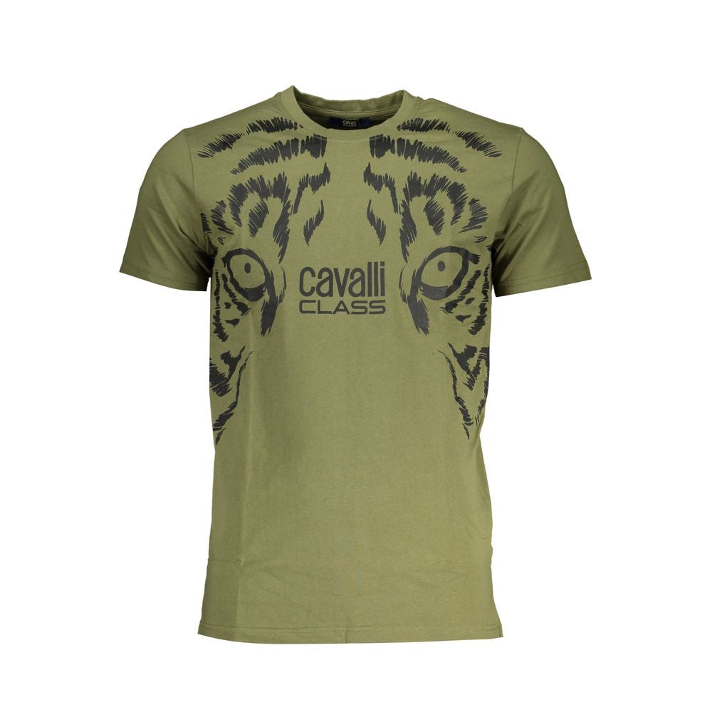 Cavalli Class Green Cotton T-Shirt with short sleeves, crew neck, tiger print, and logo displayed on front