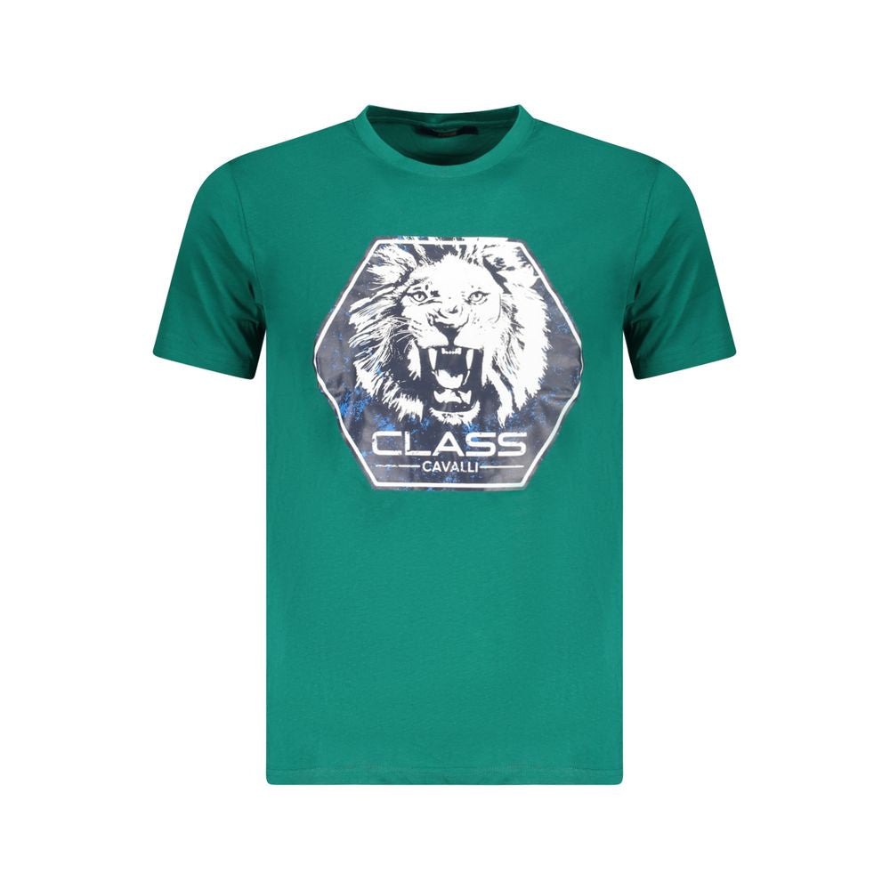 Cavalli Class Green Cotton T-Shirt with lion print, short sleeves, crew neck, logo design.
