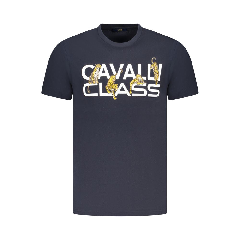 Cavalli Class Blue Cotton Men T-Shirt featuring bold print and logo, high-fashion short sleeve crew neck design.