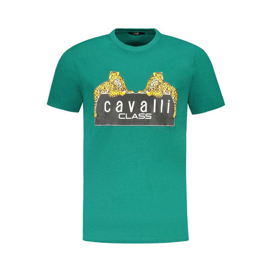 Cavalli Class Green Cotton Men T-Shirt with bold print and iconic logo, short sleeve, crew neck, high-end fashion, casual luxury.
