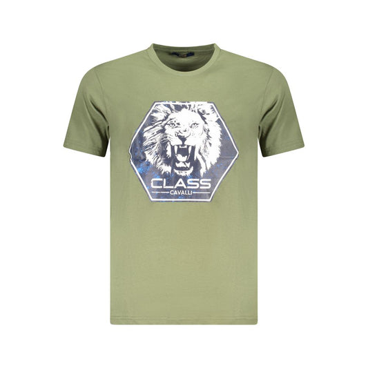 Cavalli Class Green Cotton Men T-Shirt with Lion Print and Cavalli Logo