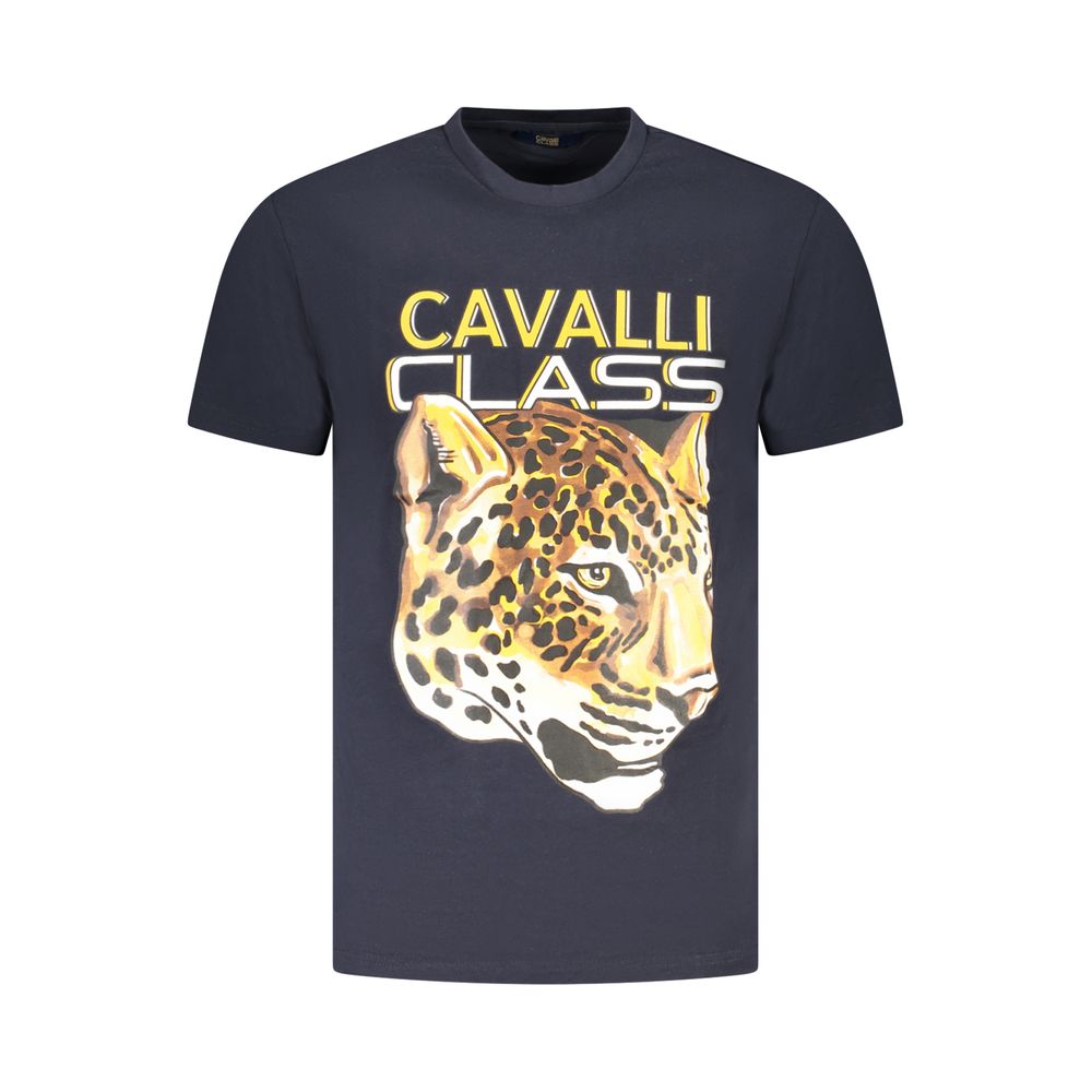 Cavalli Class Blue Cotton Men T-Shirt with striking print and logo on front, short sleeve, crew neck, luxury casual wear