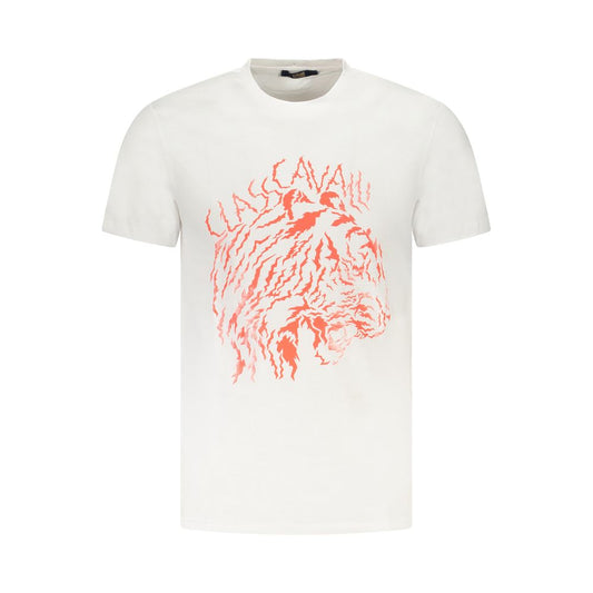 Cavalli Class White Cotton Men T-Shirt with bold logo and print, short-sleeve design for casual elegance and luxurious comfort.